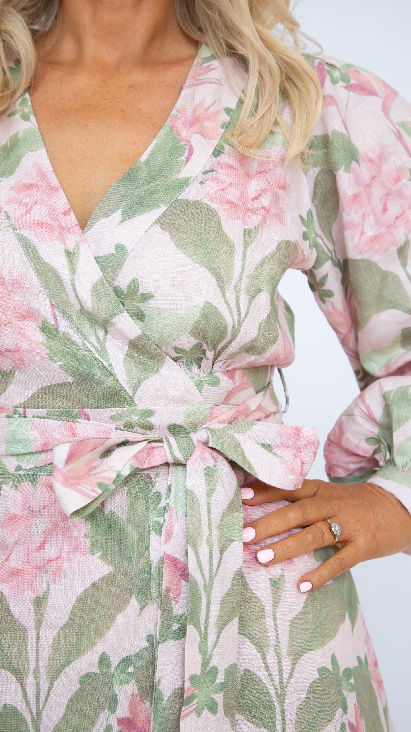 Margot linen wrap dress pink green botanical feminine print