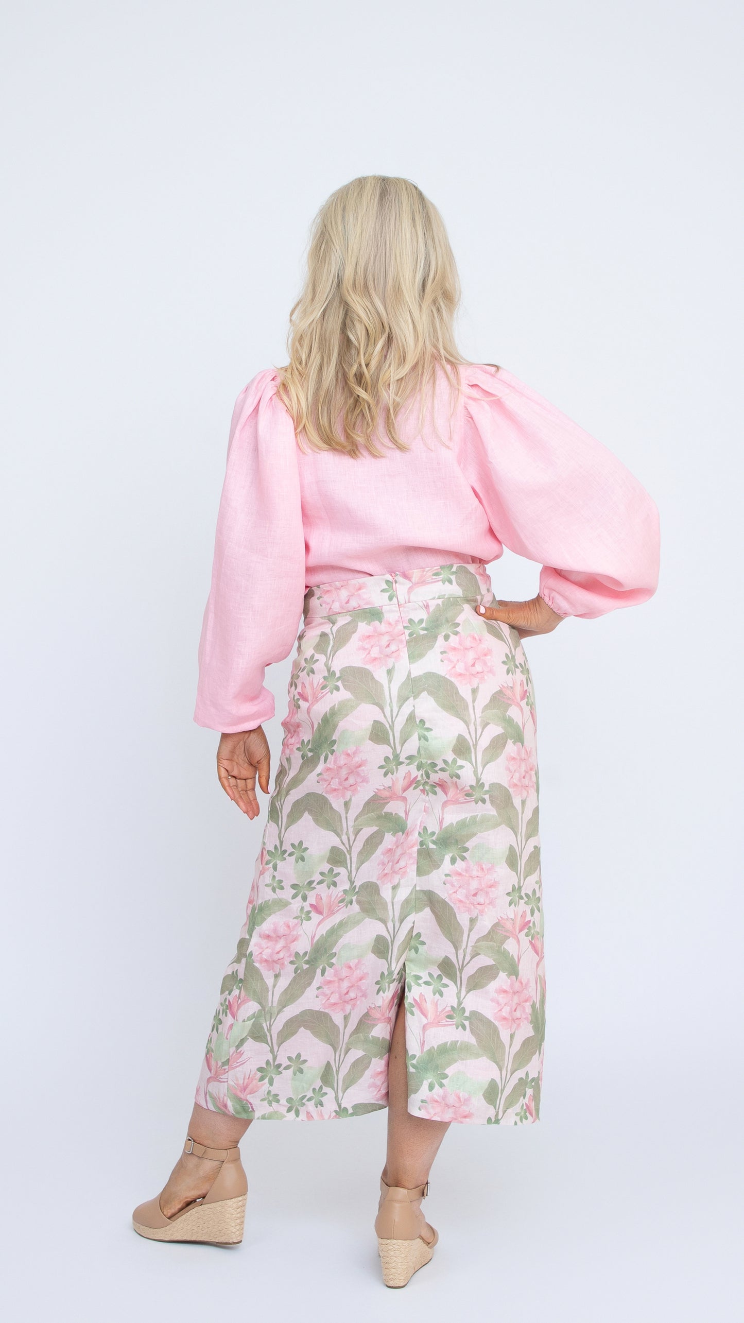 lydia linen skirt tropical botanica print with pink blouse back view