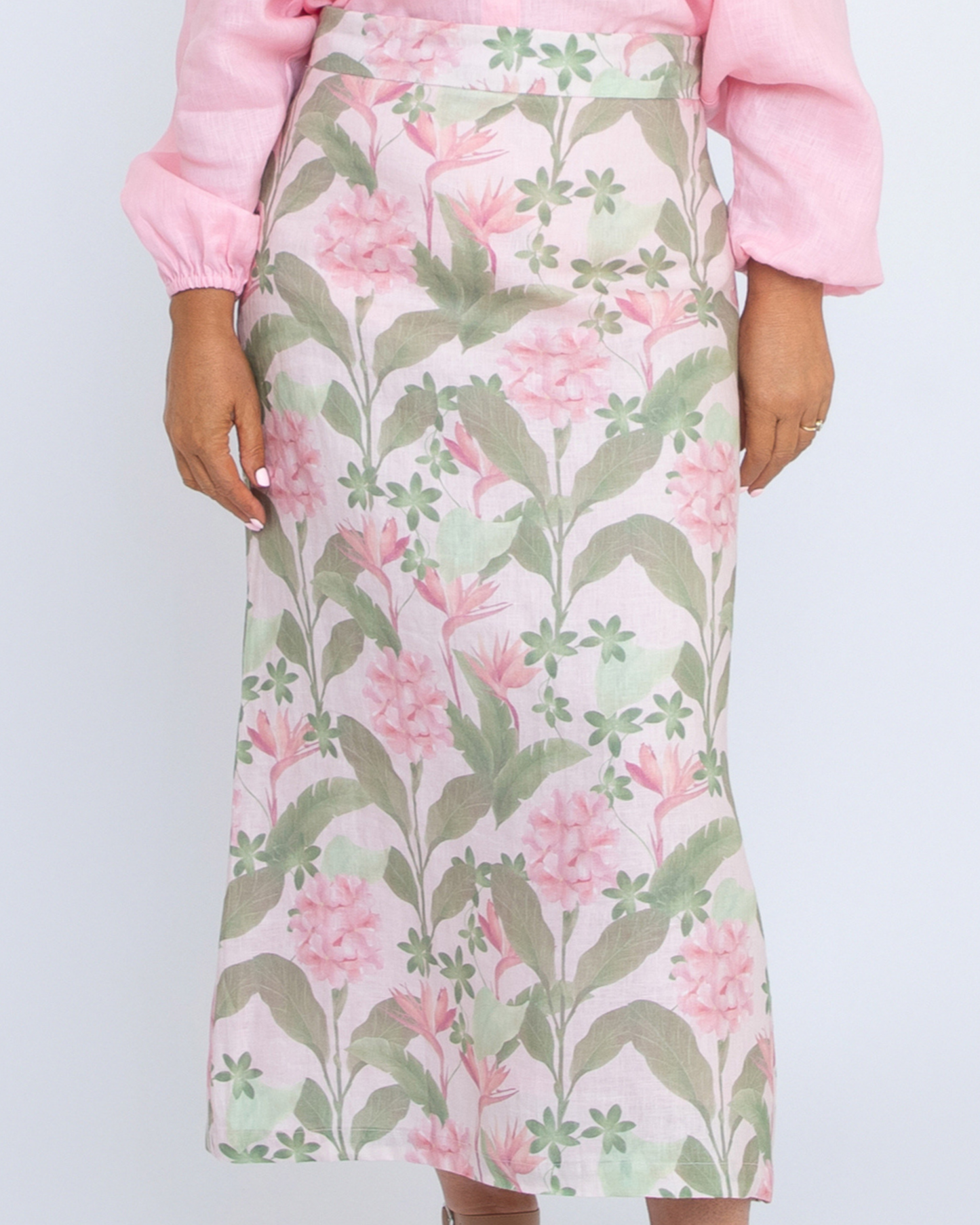 lydia linen tropical botanica skirt front view 