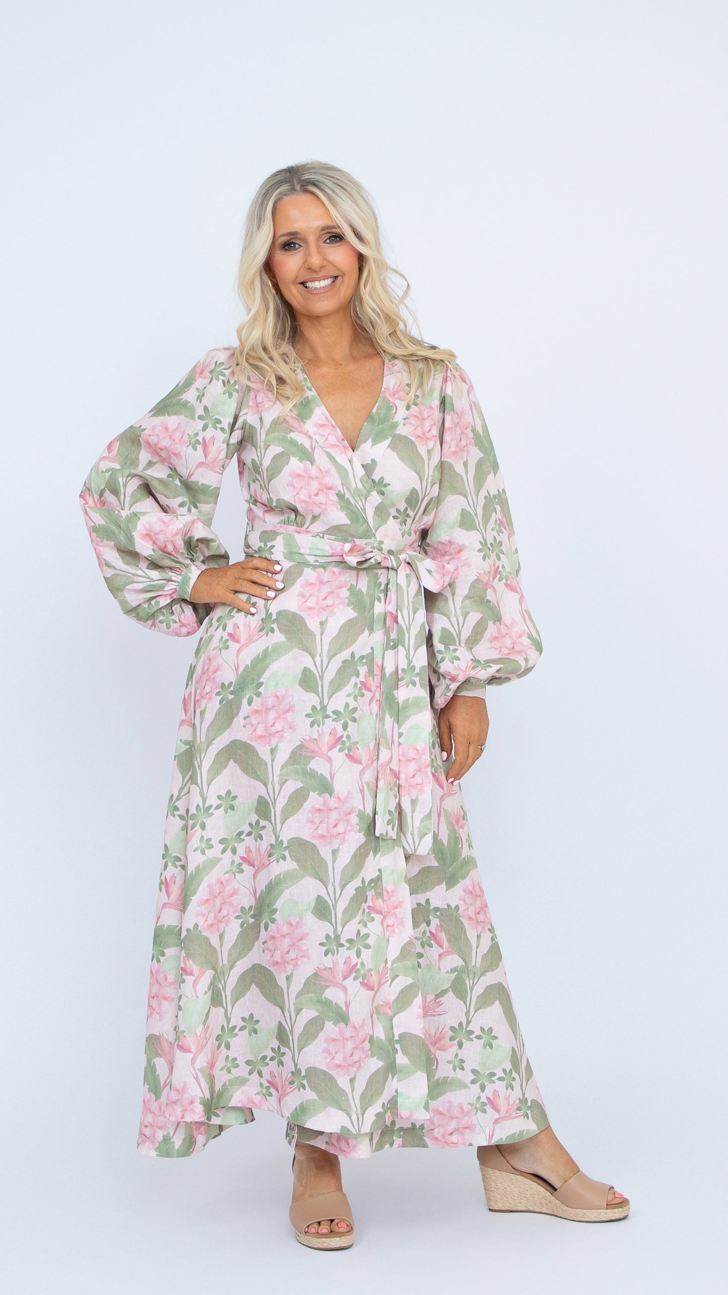 Margot linen wrap dress pink green botanical print