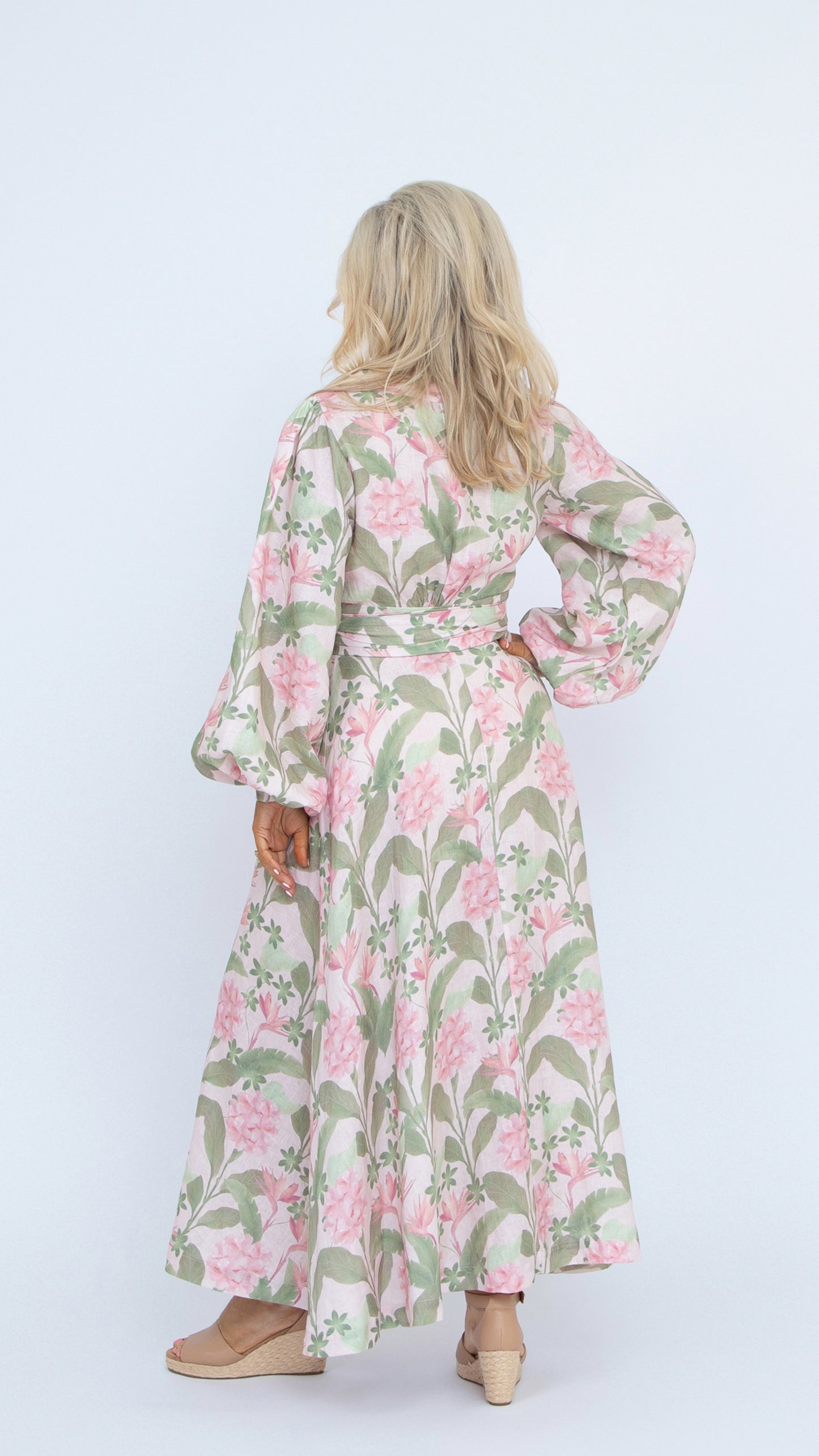 linen wrap dress pink and green floral