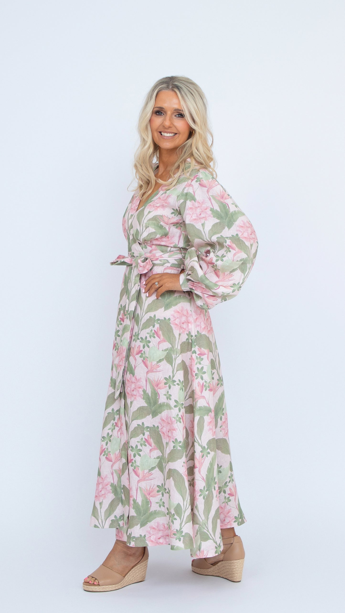 Margot linen wrap dress tropical botanica print