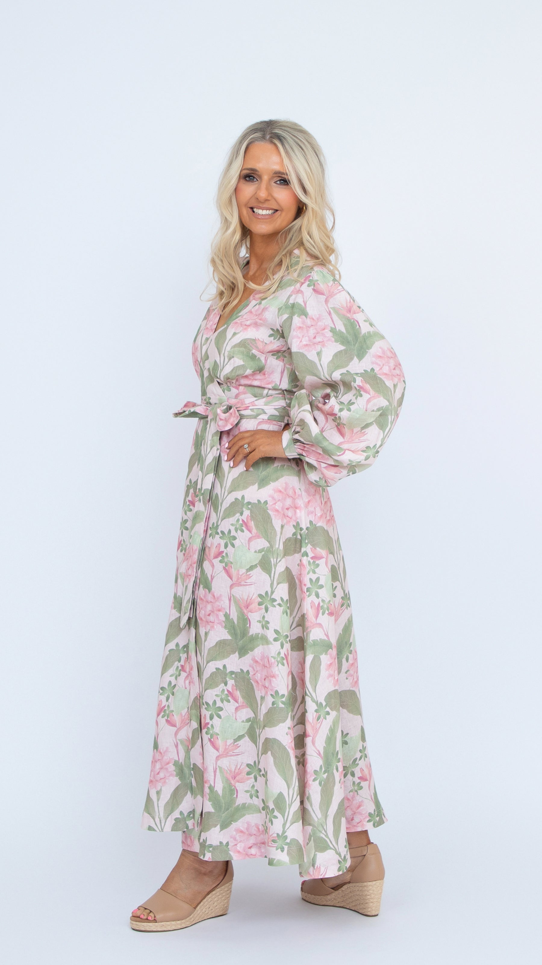Margot linen wrap dress tropical botanica print
