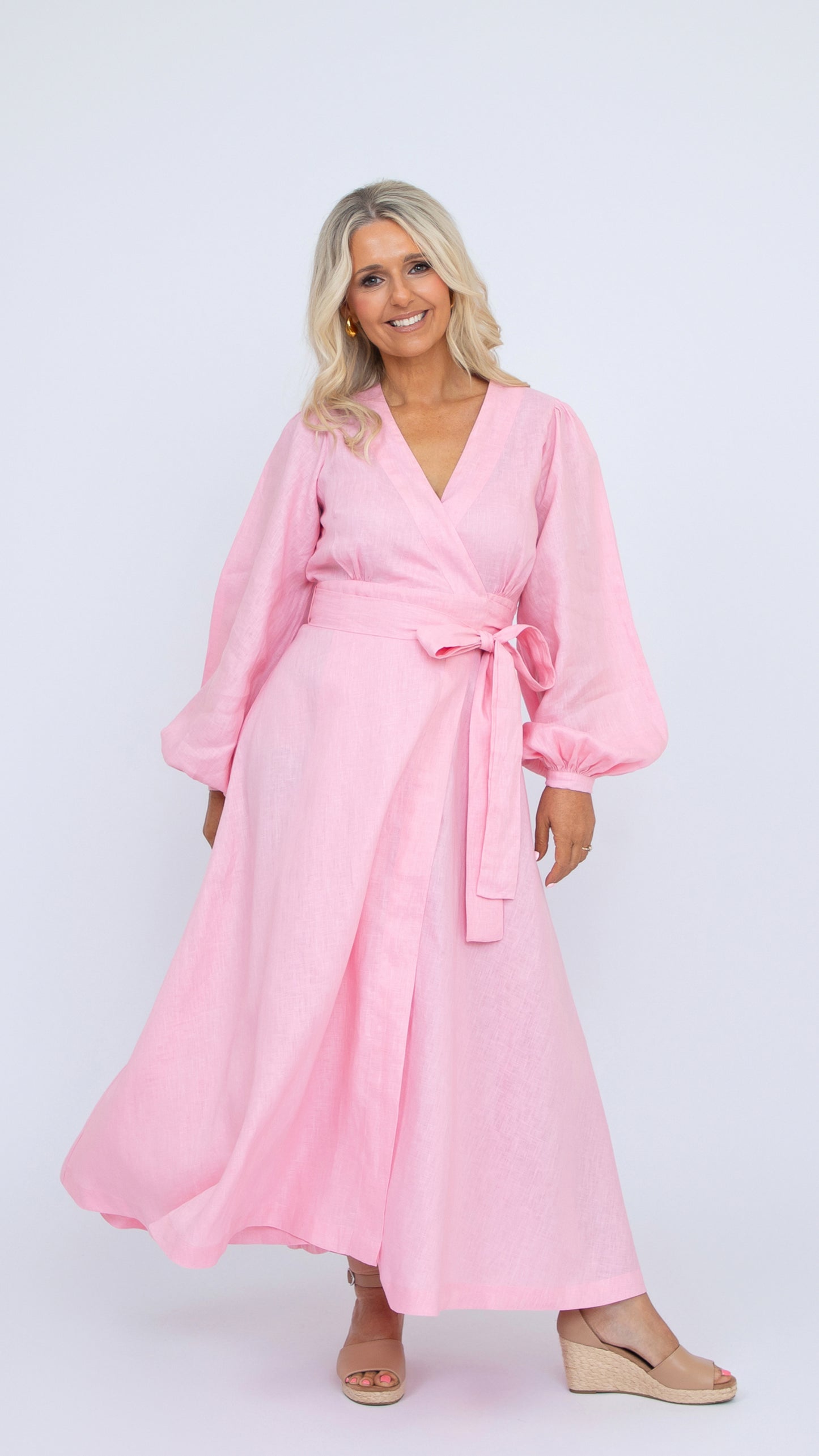 Margot linen wrap dress pink peony 