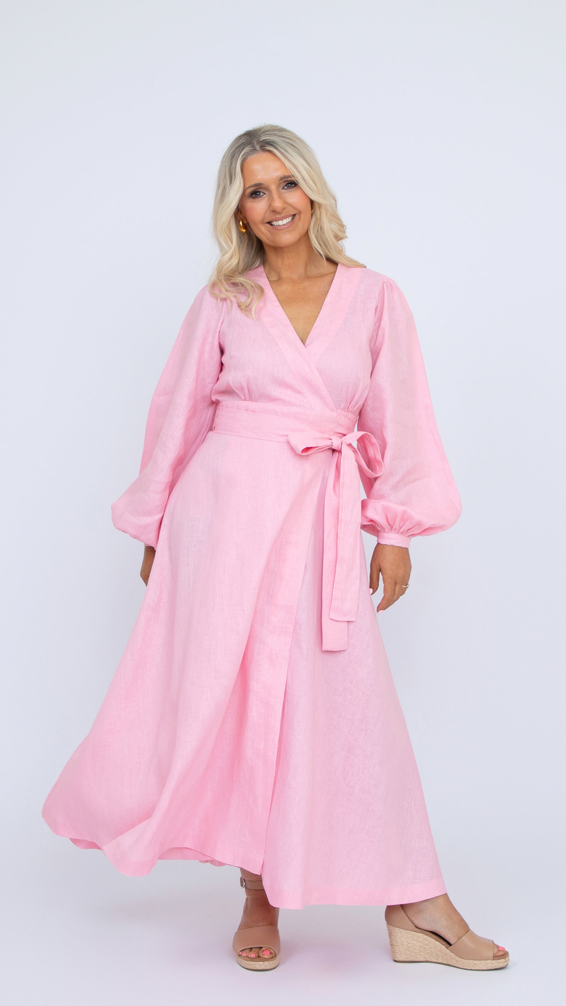 Margot linen wrap dress pink peony 