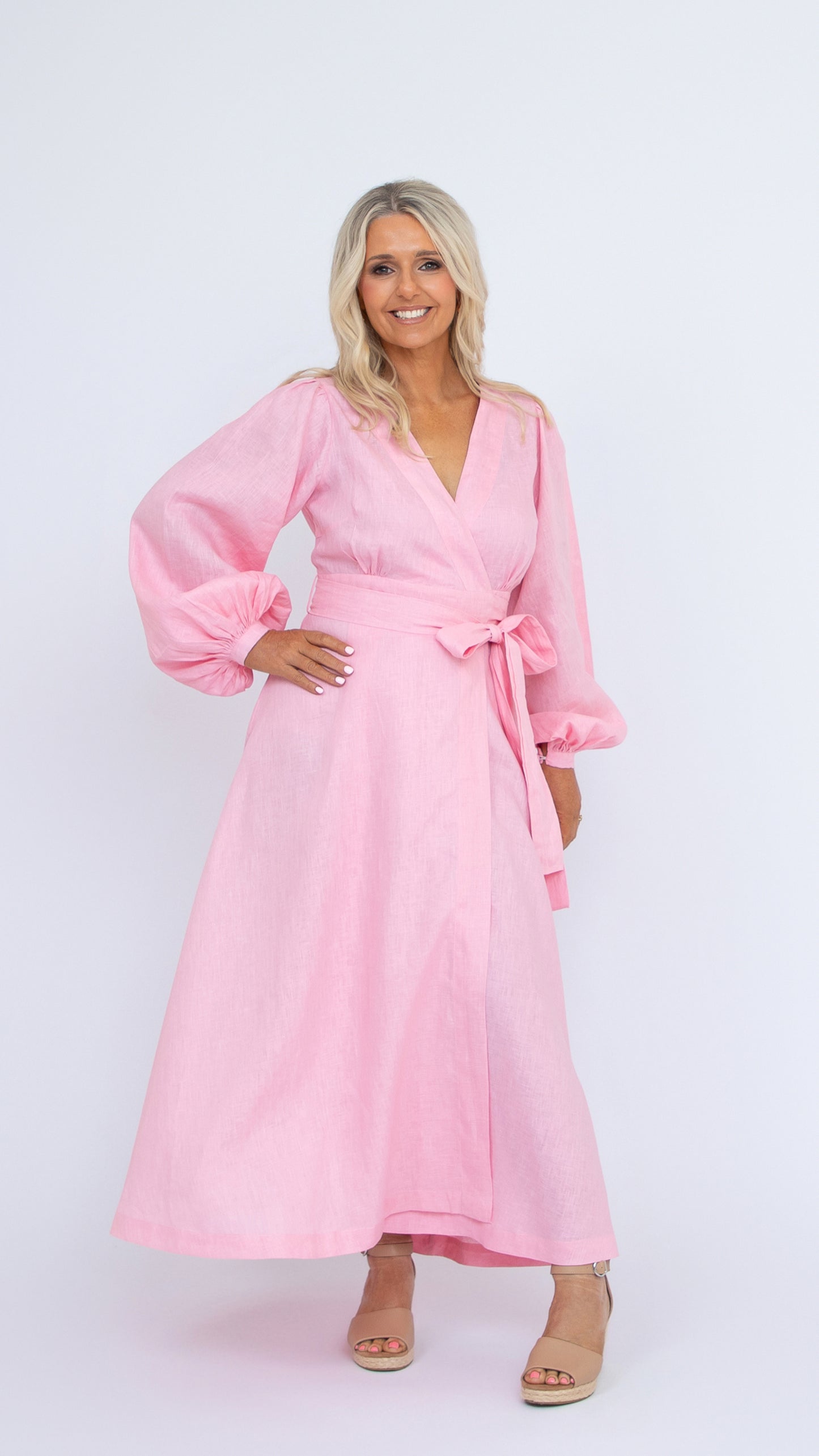 Margot linen wrap dress pink peony colour