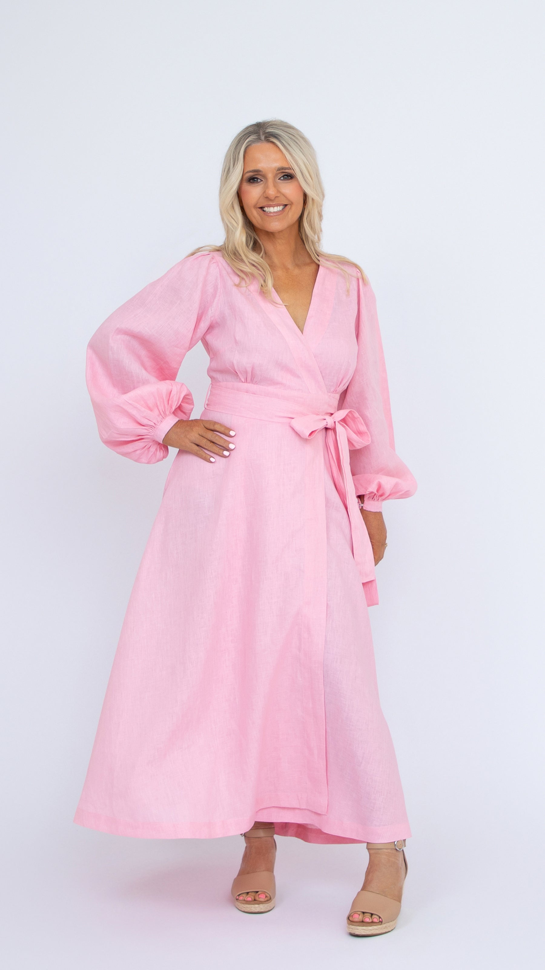 Margot linen wrap dress pink peony colour
