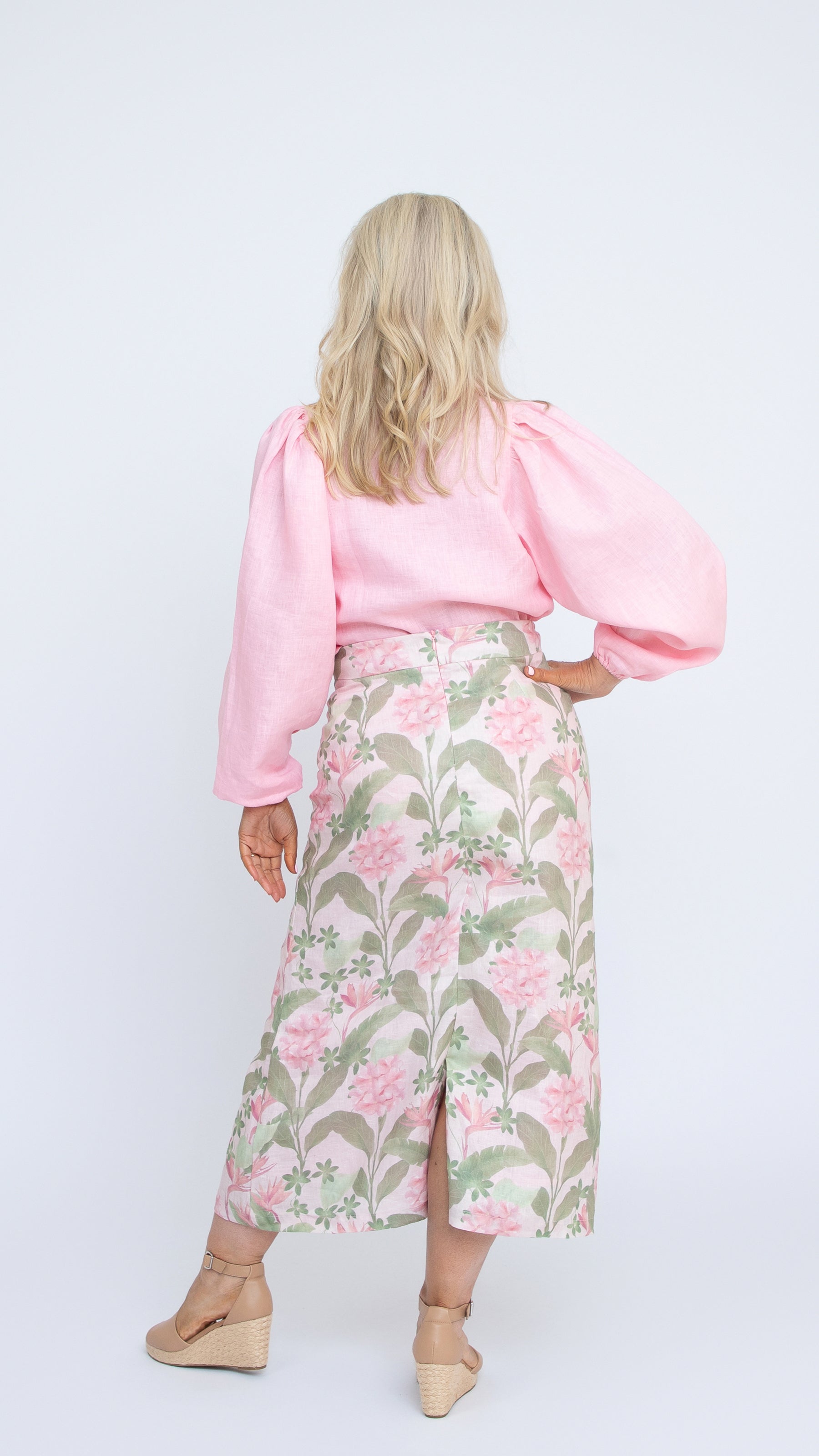 lydia linen skirt tropical botanica print with pink blouse back view