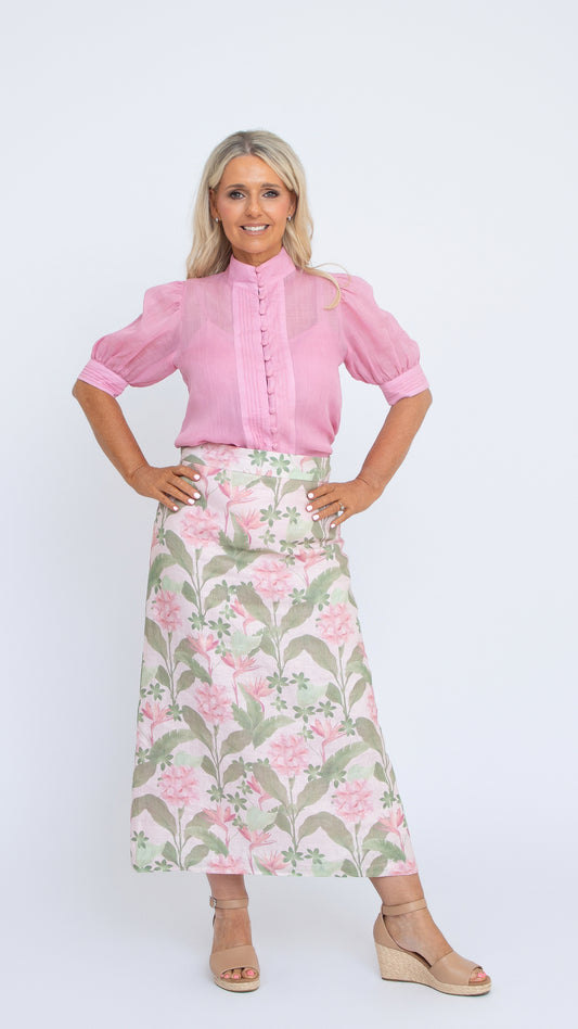 lydia linen skirt tropical botanica print with pink blouse
