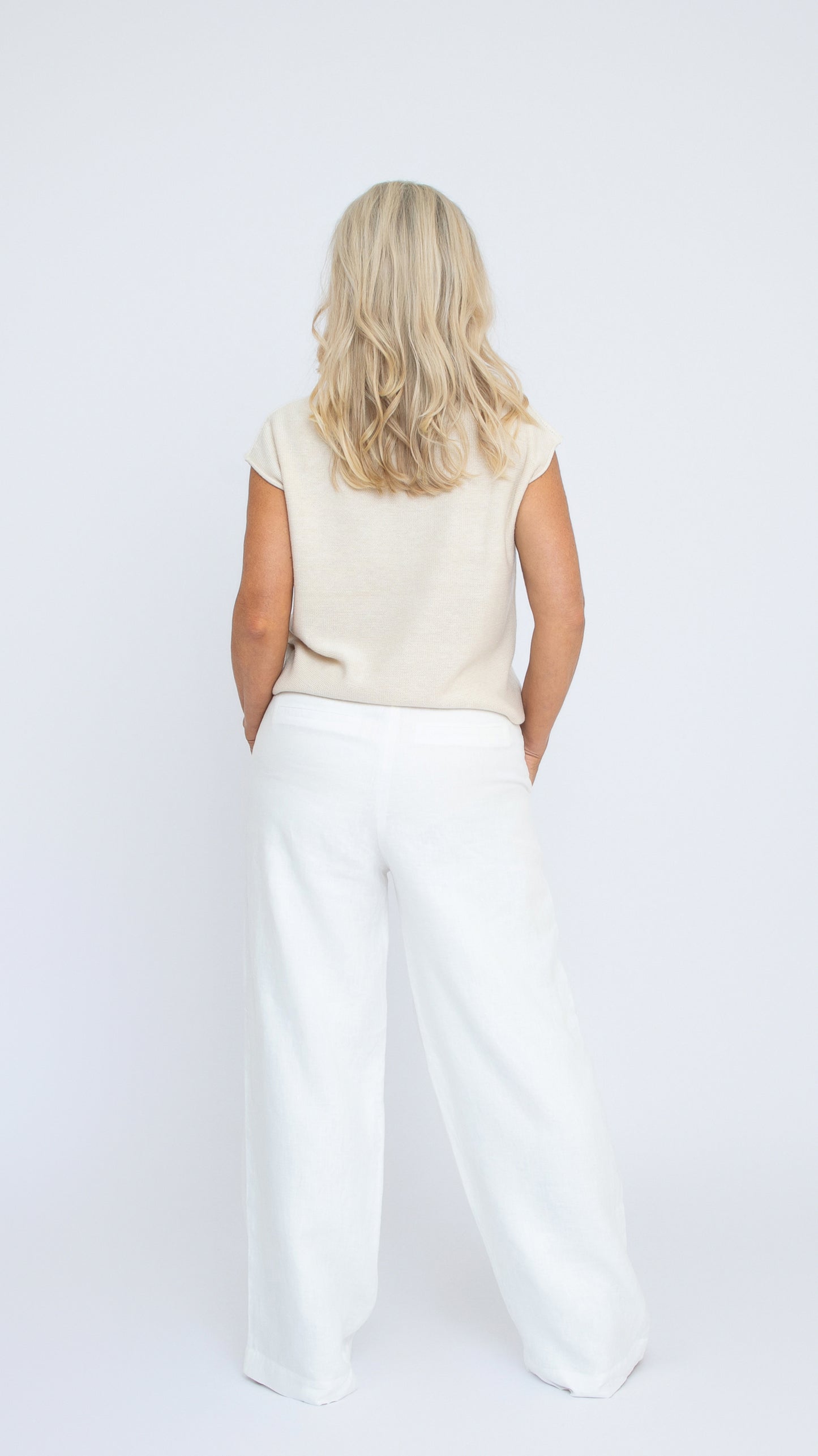 White linen Paula Pants women back view elastic waistband wide leg fit