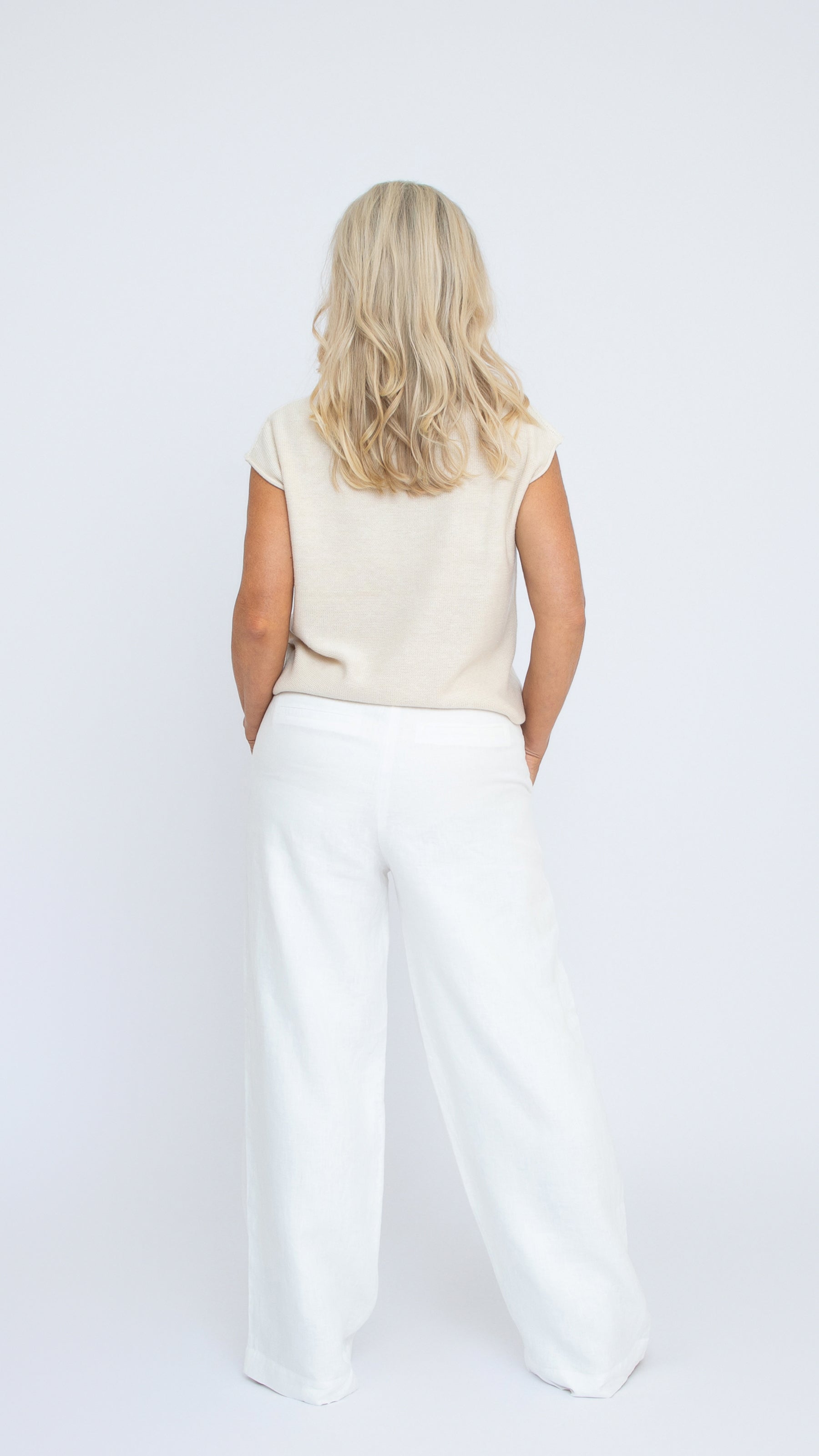White linen Paula Pants women back view elastic waistband wide leg fit