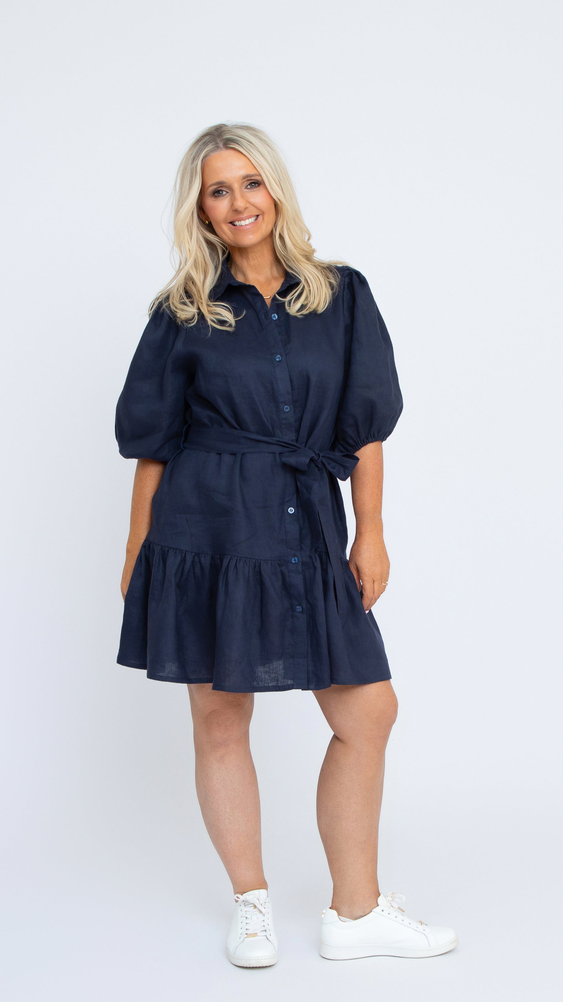Nancy The Label Sally Dress in Navy linen shirt dress
