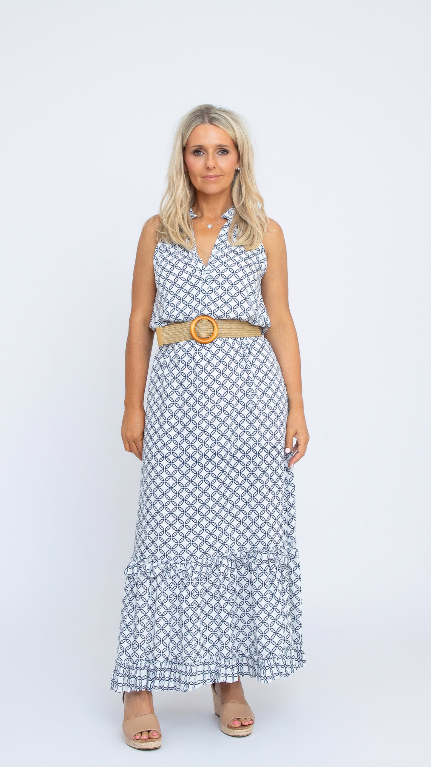 Donna Navy geometric print patterned dress on a white background. Worn here with Ruby Belt. 100% rayon by Nancy The Label
