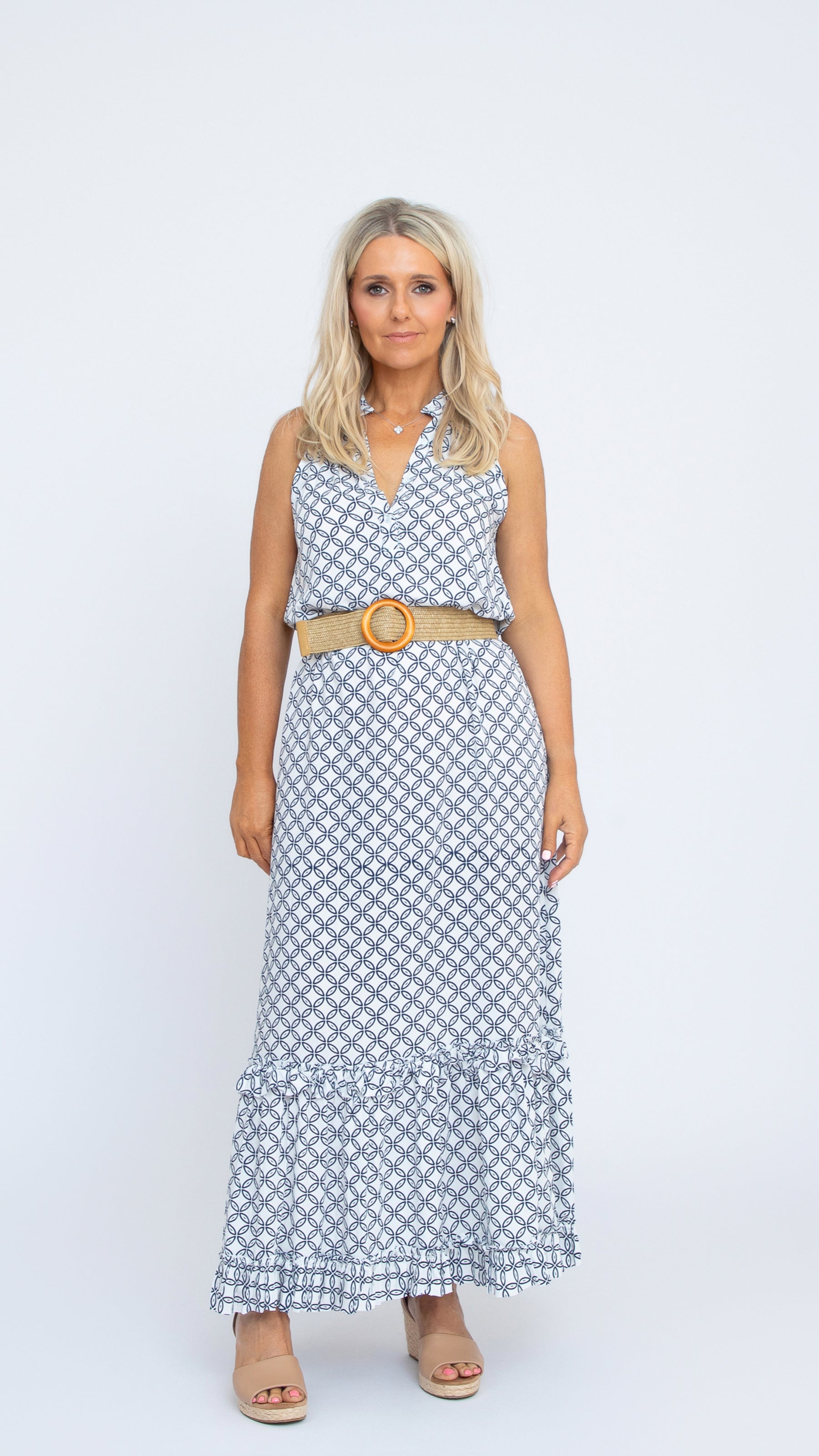 Donna Navy geometric print patterned dress on a white background. Worn here with Ruby Belt. 100% rayon by Nancy The Label