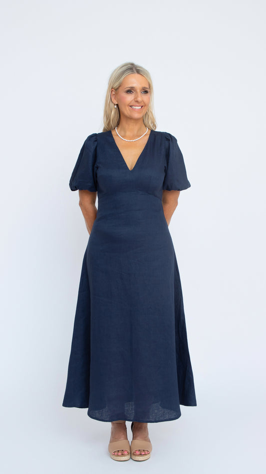 Alison Linen Dress - Navy