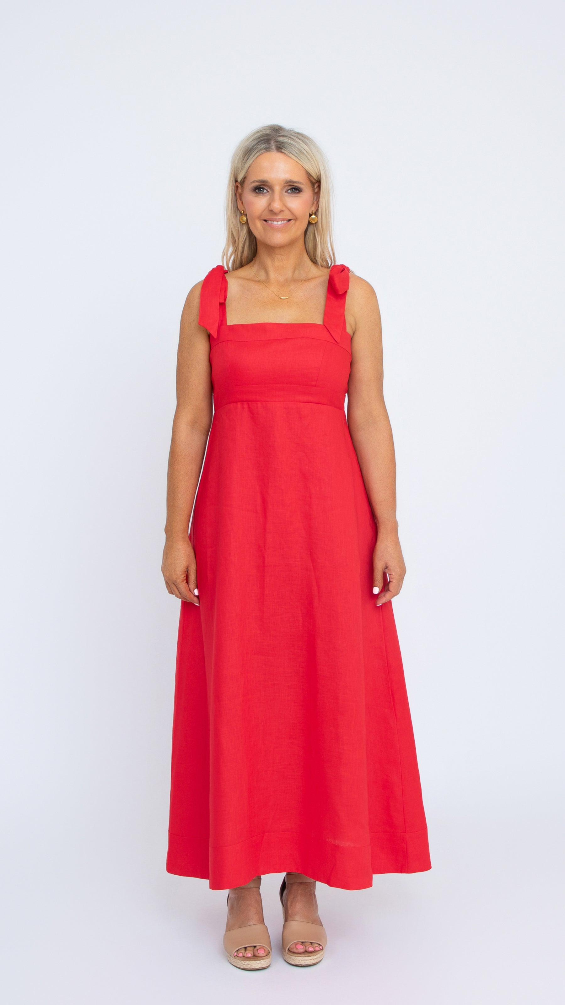 Isabelle Linen Dress in Crimson Red by Nancy The Label. Full length linen dress with square neckline and tie straps.