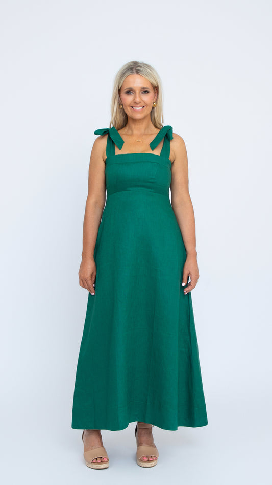 Isabelle Linen Dress in Emerald Green by Nancy The Label. Full length linen dress with square neckline and self-tie straps.