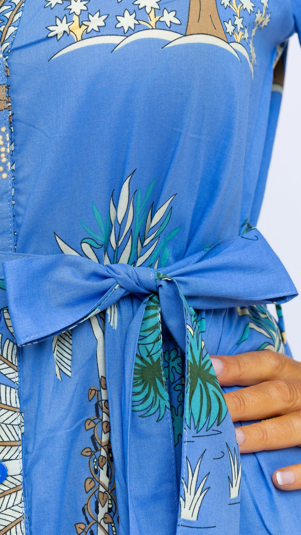 Close-up of the waist belt and Arboretum botanical print on the Mandy maxi dress by Nancy The Label, made from 100% cotton.